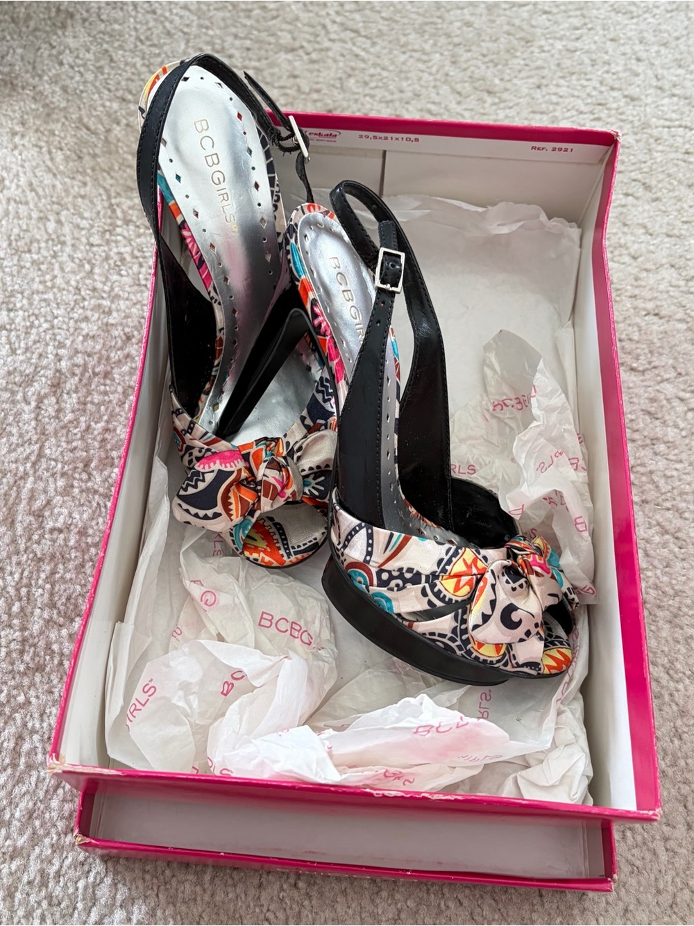 BCBGeneration Multicolor Patterned Slingback Peep-Toe Heels. Leather and satin.